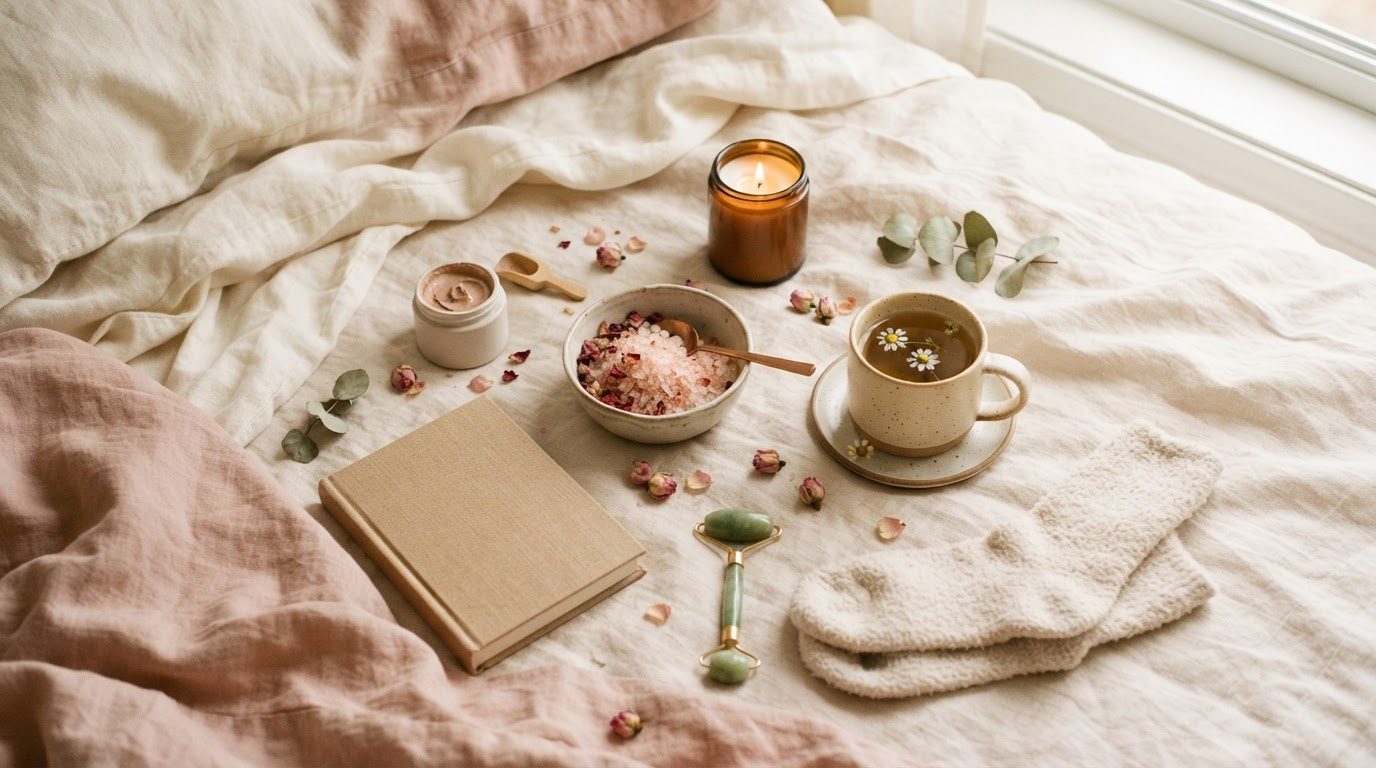 Self care ideas flat lay with tea, candle, bath salts and book