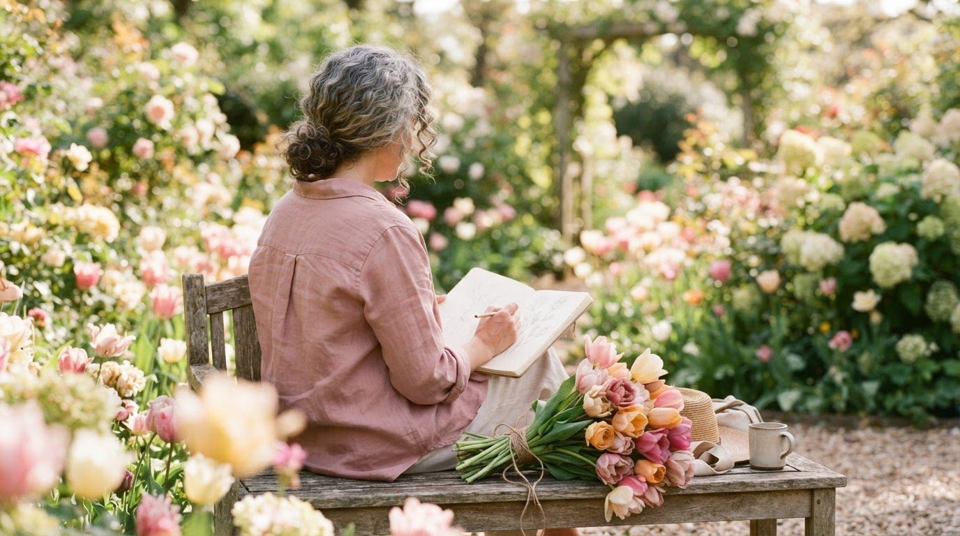 Woman in a sunny flower garden practicing self love every day