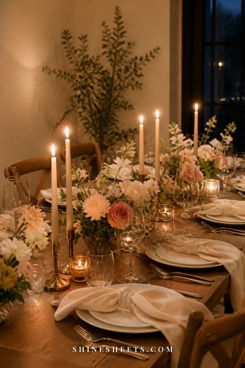 Beautifully set dinner table for two with candles, linen napkins and pink roses in warm evening light