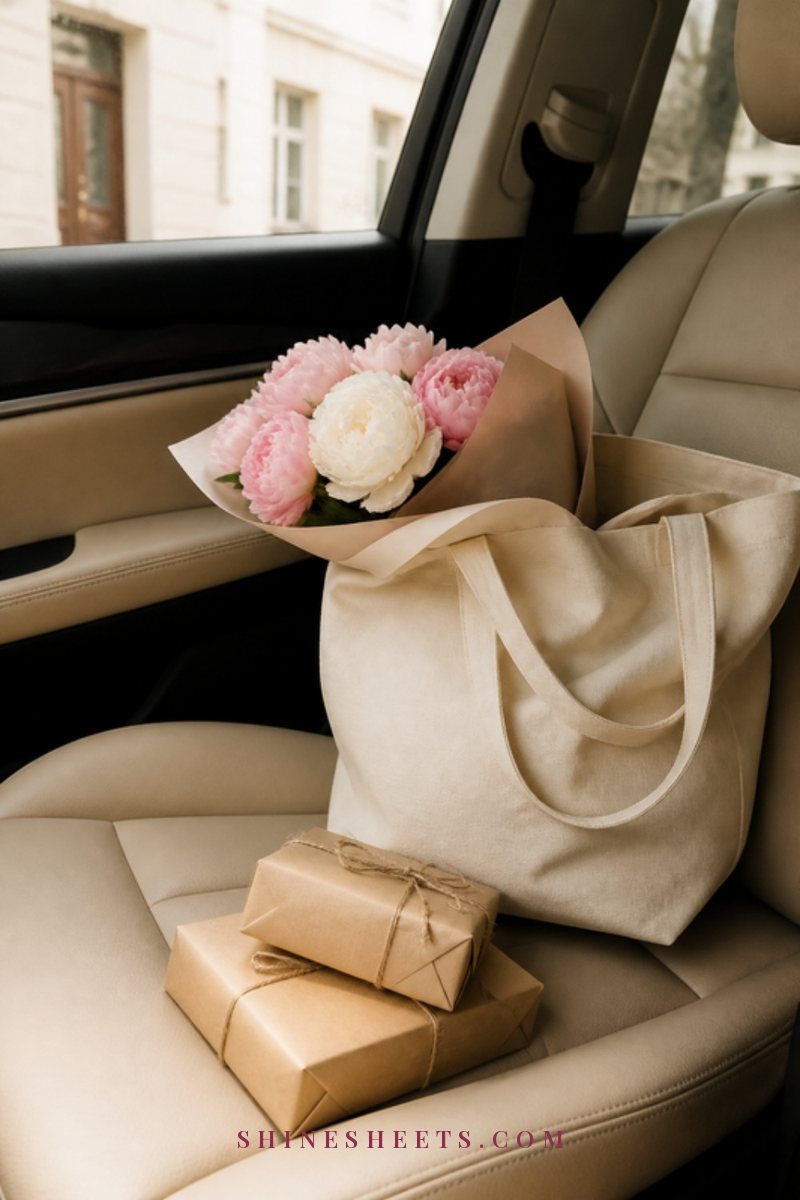 Cream canvas tote bag with fresh flowers and a few wrapped parcels on a car passenger seat