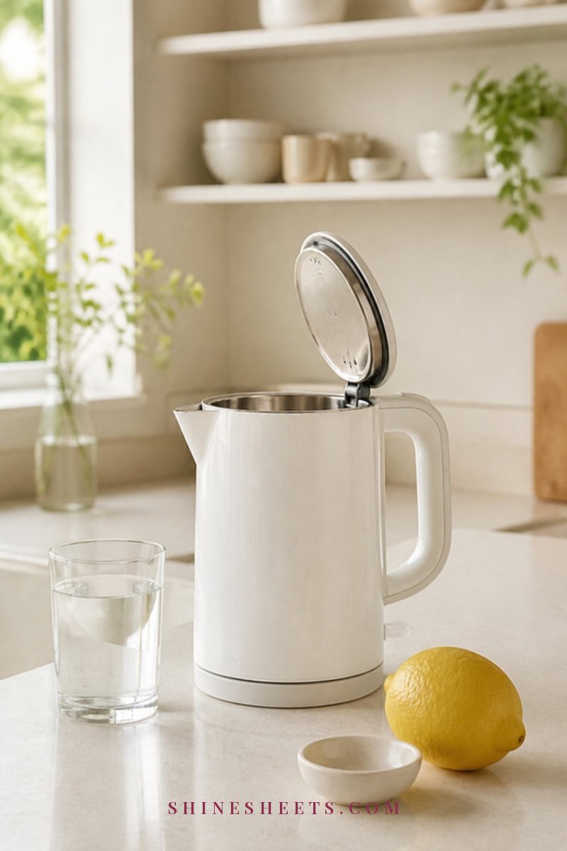 Kitchen counter with a glass of water, a cream mug and a small folded note on blank paper