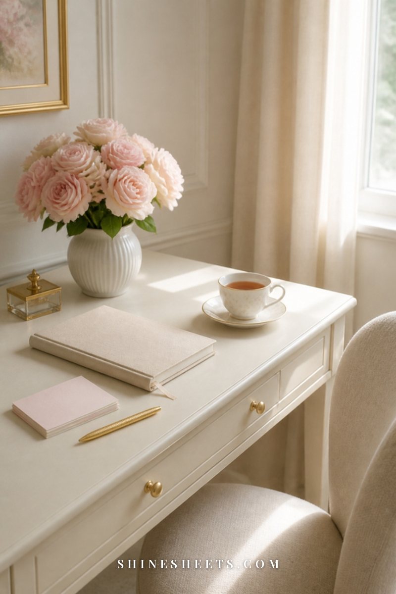 Tidy desk with a closed planner, a cup of tea and a small vase of flowers in calm morning light