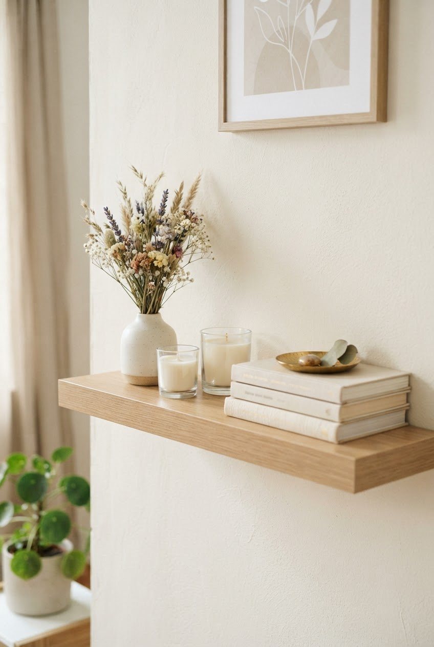 Floating shelf with a small ceramic vase, glass candles, a stack of books and a sprig of dried flowers against a cream wall