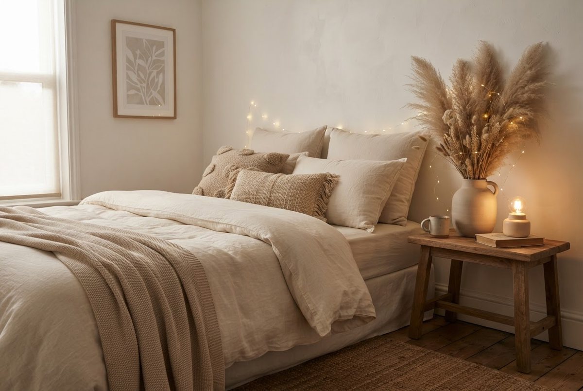 Soft neutral bedroom corner with cream linen bedding, beige throw pillows, warm fairy lights and dried pampas in a ceramic vase