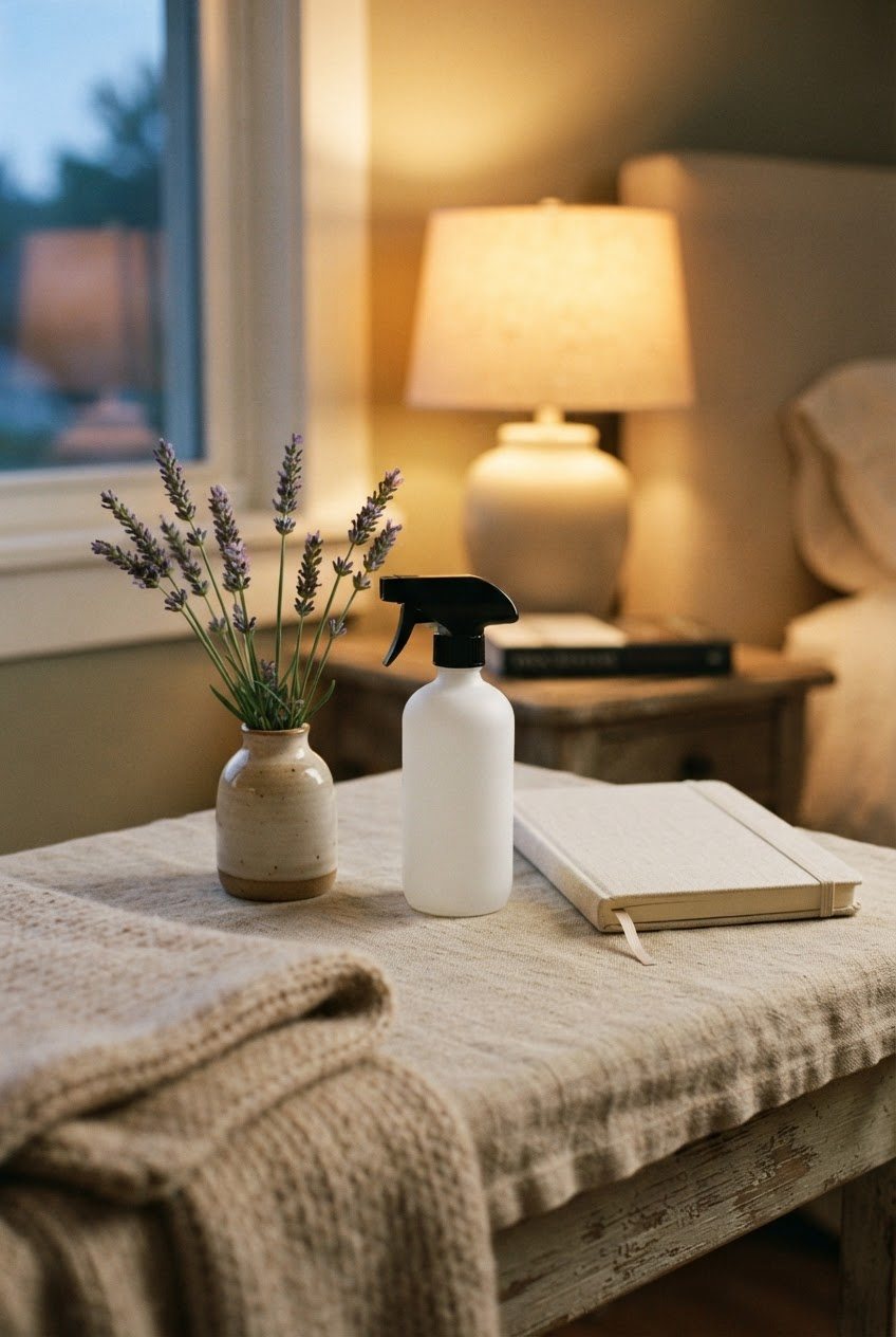 Lavender sprigs, a white pillow mist bottle and a closed cream journal on a linen bedside table in warm evening light