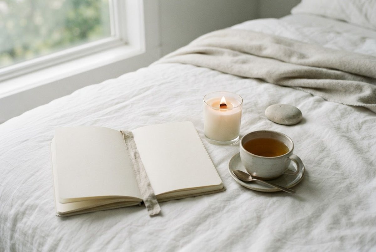 Open cream journal, a lit glass candle, a cup of herbal tea and a small smooth stone on a white linen bed