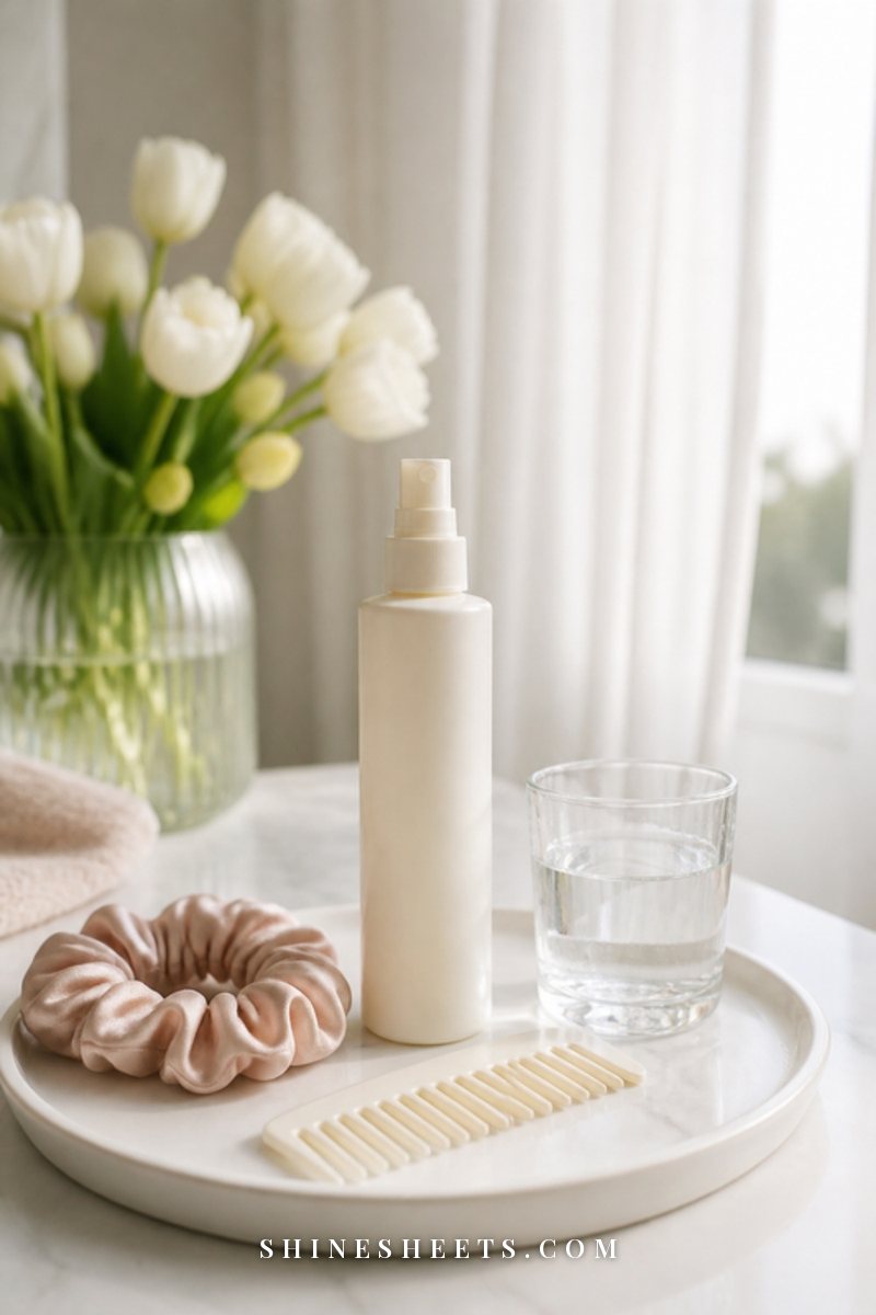 A cream bottle of leave-in conditioner and a wide-tooth comb on a blush towel beside a glass of water