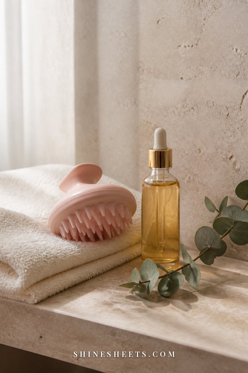 A small glass bottle of hair serum with a gold cap on a cream tray beside a silk scrunchie and a pink peony