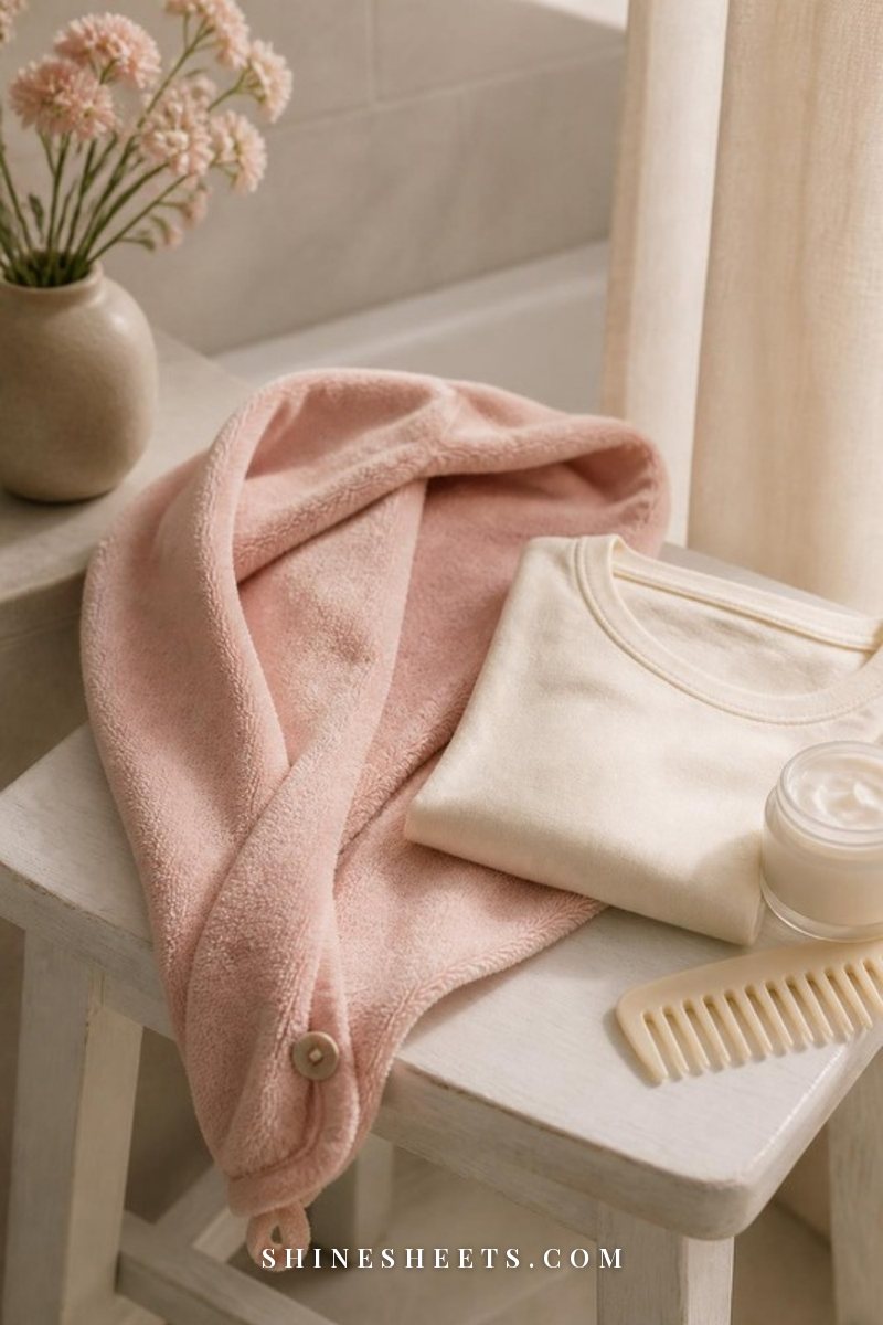 A soft cream microfiber hair towel folded on a white marble counter beside a small vase of pink roses