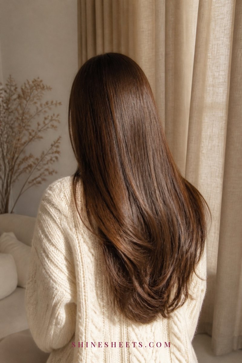A woman seen from behind with naturally air-drying wavy hair, sitting by a sunny window in a cream knit sweater