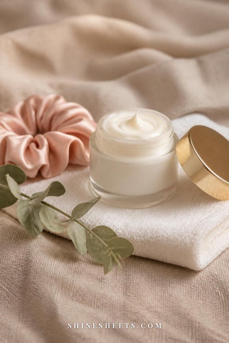 A cream jar of barrier repair cream with a gold lid on a soft white towel beside a blush silk scrunchie and a sprig of eucalyptus