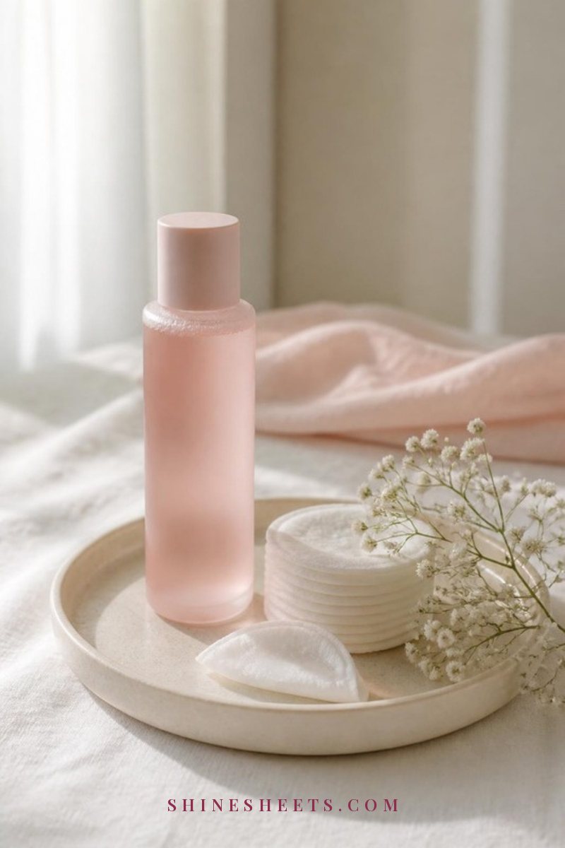 A frosted blush glass toner bottle beside folded cotton pads and a sprig of white baby's breath on a cream ceramic tray
