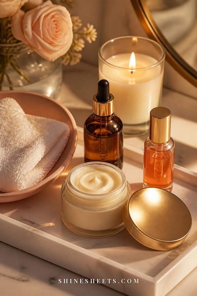 A skincare still life on a white vanity tray: an amber dropper bottle, a cream jar of moisturizer and a pink ceramic dish holding a folded washcloth in warm evening light