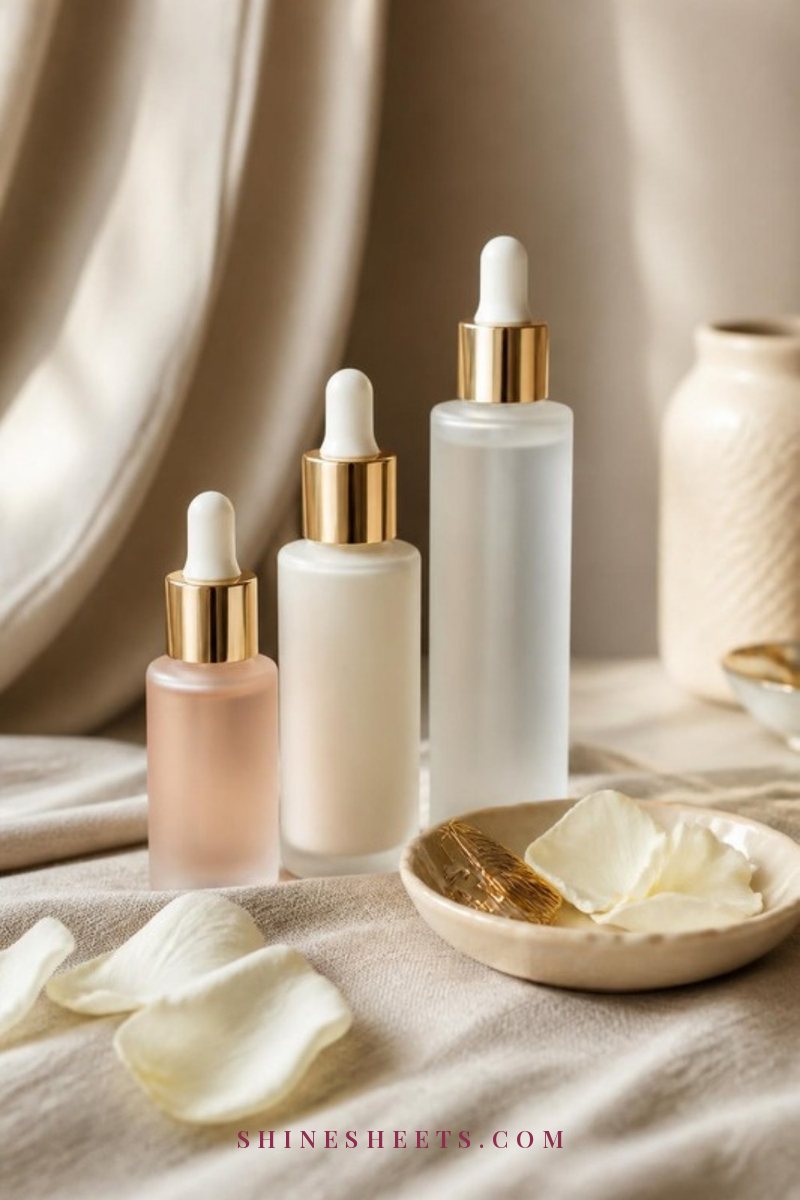 Three frosted glass serum bottles in blush, cream and clear glass lined up on a beige linen cloth beside a small dish of white rose petals