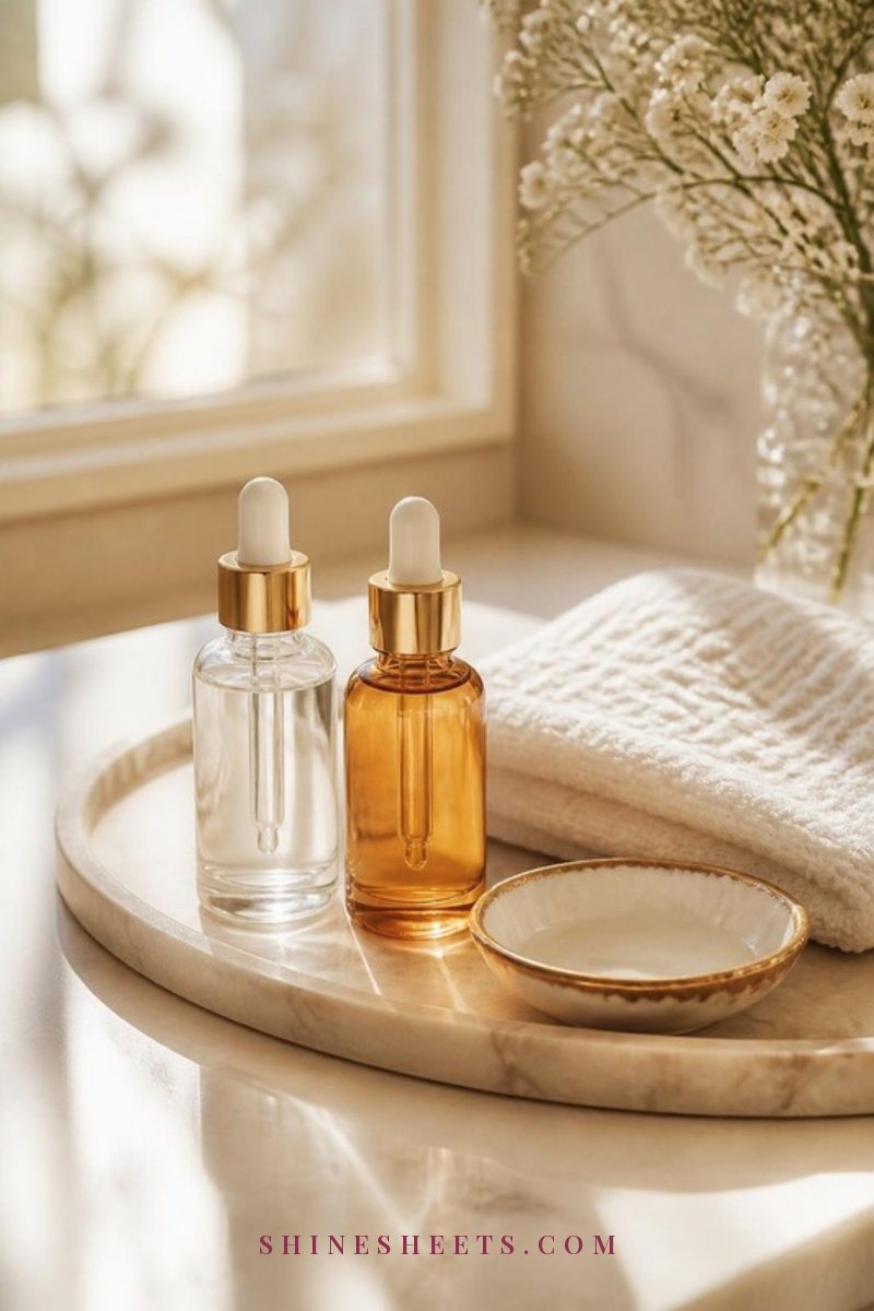 Two glass dropper serum bottles, one clear and one amber, on a cream marble tray with a folded white towel in soft morning light
