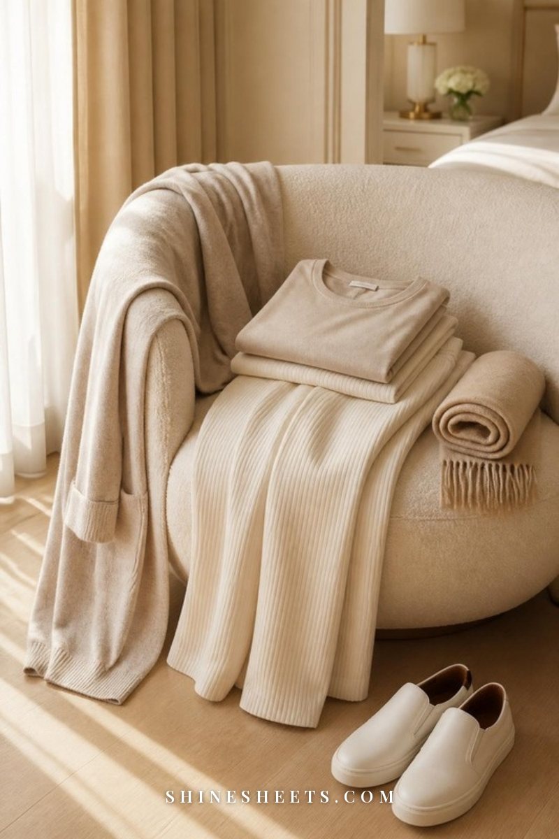 Cream wide-leg knit pants, a soft beige long-sleeve tee and a long oatmeal cardigan styled on a cream boucle chair