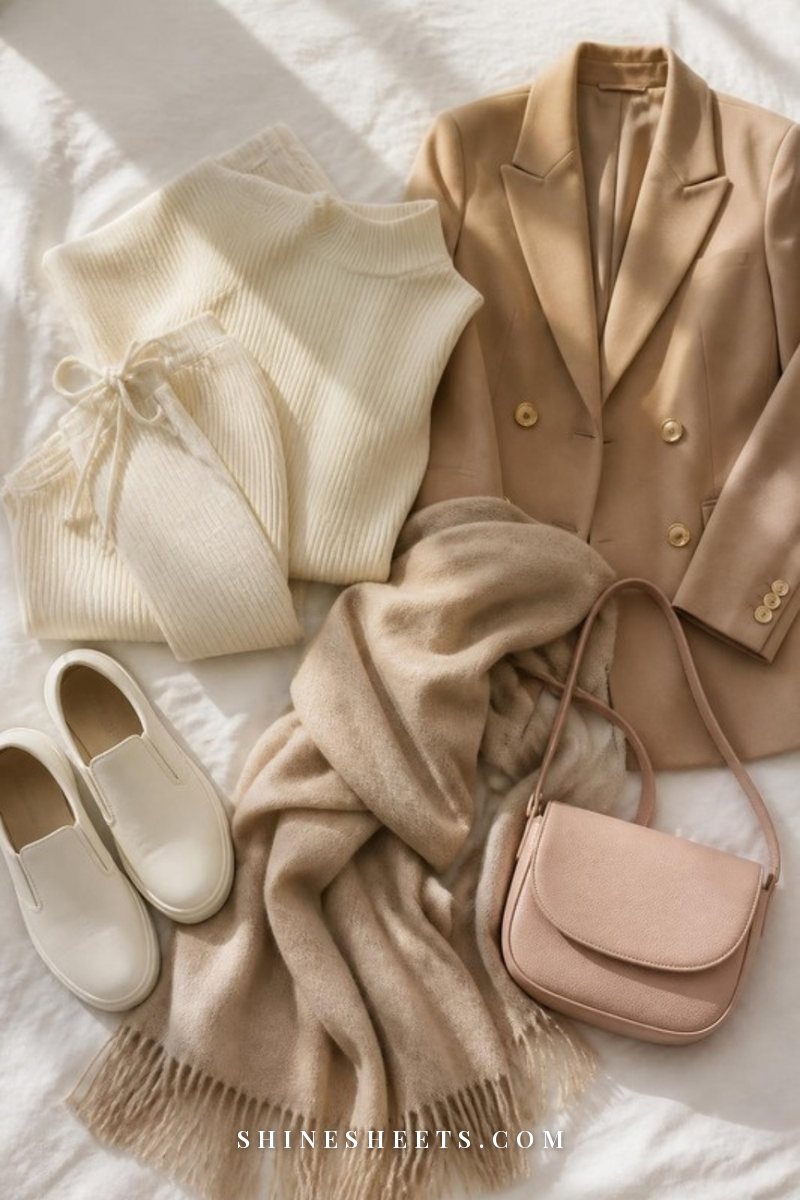 Flat lay of a cream knit pant set, a camel structured blazer, white slip-on sneakers and a beige wrap on white linen