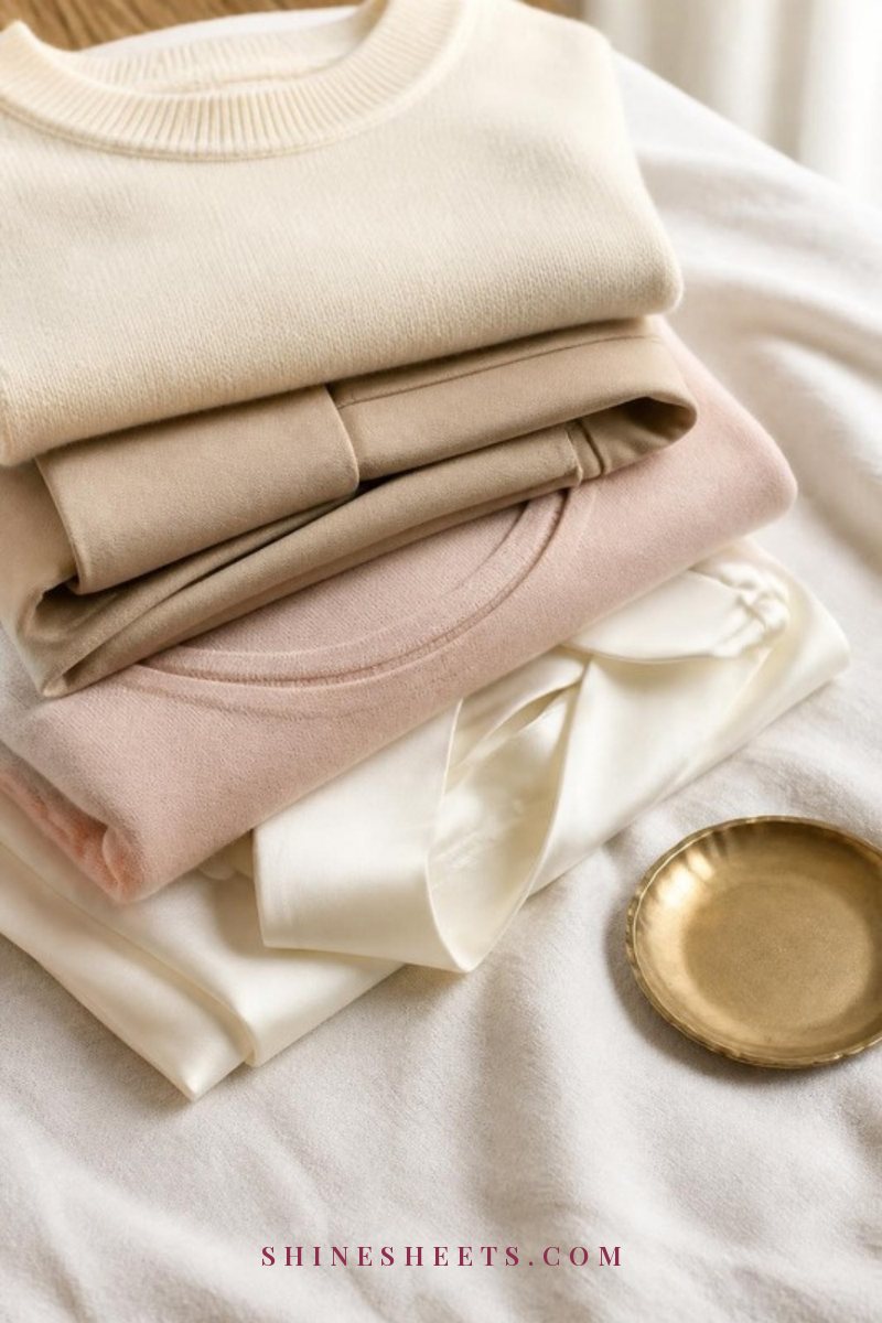Folded swatches of cream merino, beige ponte, blush jersey and ivory silky crepe stacked on a white linen surface