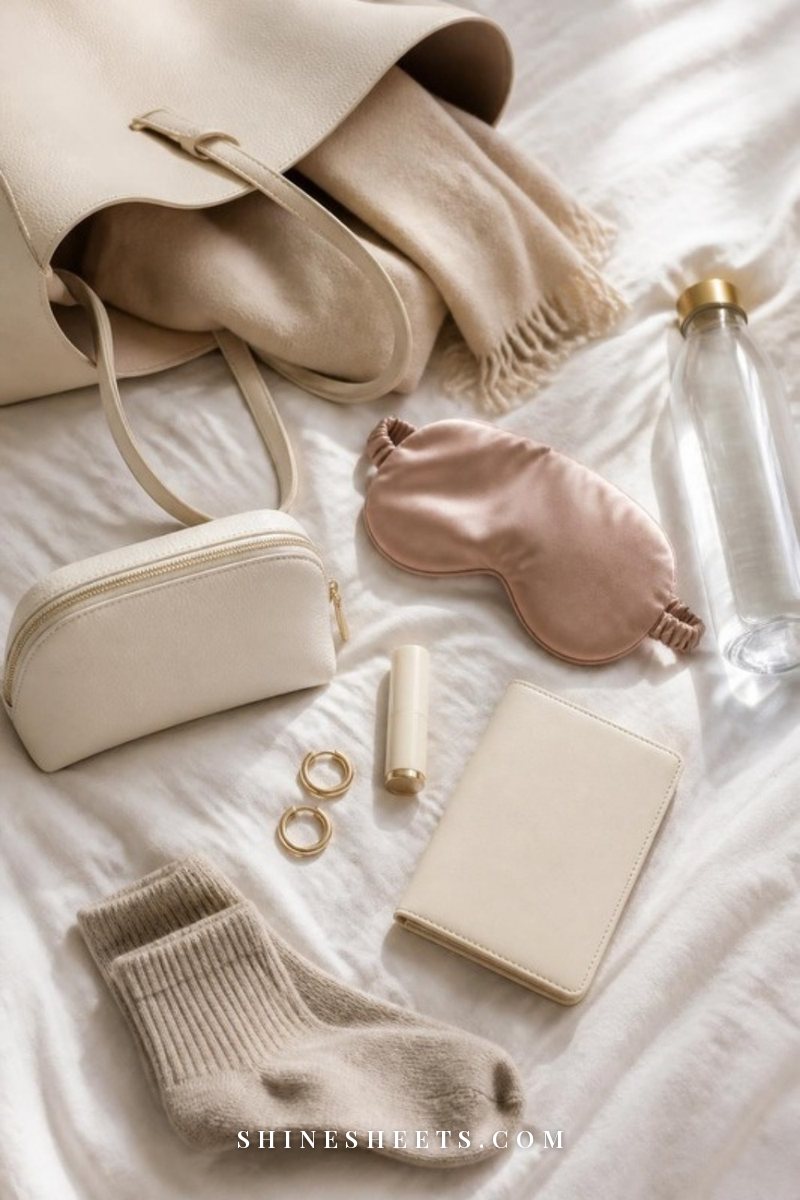 Open cream tote bag with a beige wrap, silk eye mask, glass water bottle, lip balm, small pouch and passport cover on white linen