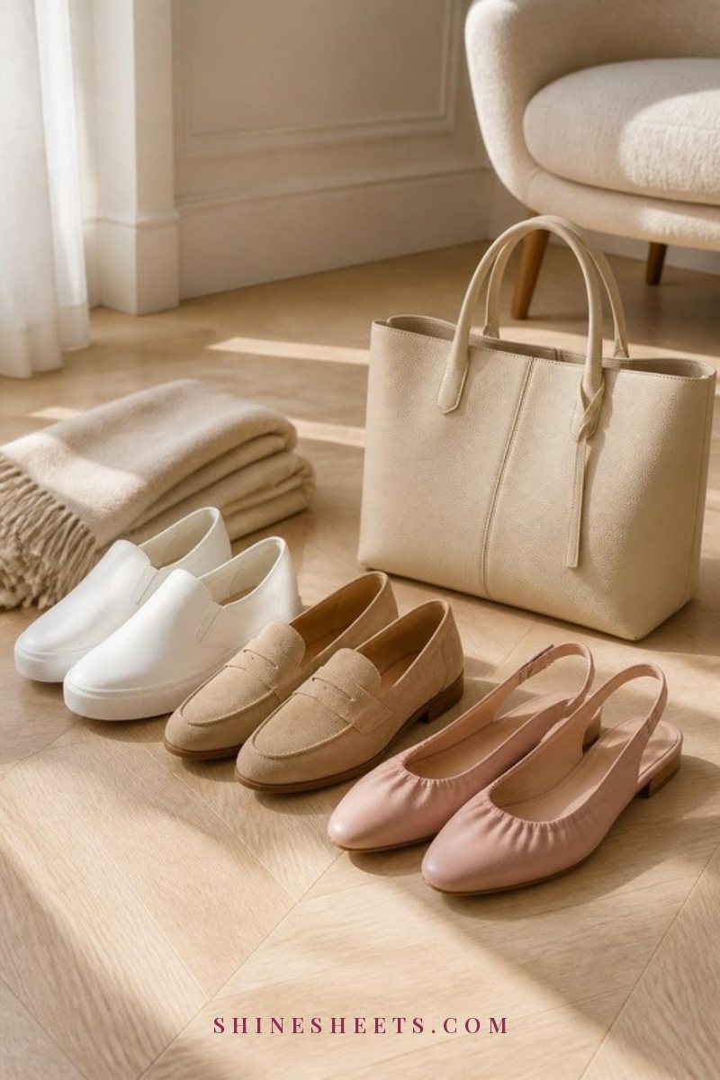 White slip-on sneakers, beige suede loafers and blush ballet flats lined up on a pale oak floor next to a cream tote