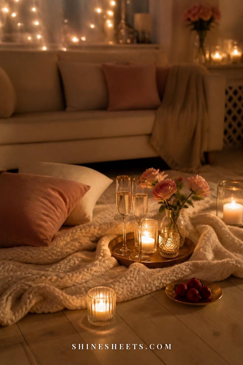 Candlelit indoor picnic for two on a cream blanket with pillows, glass candles and champagne flutes in a softly lit living room