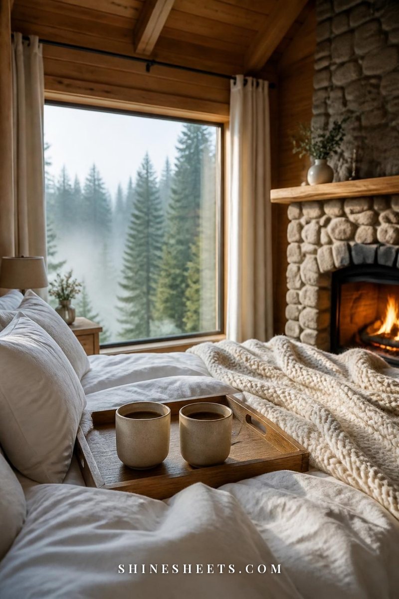 Cozy cabin bedroom with white linen bedding, two mugs on a tray and a forest view through a large window