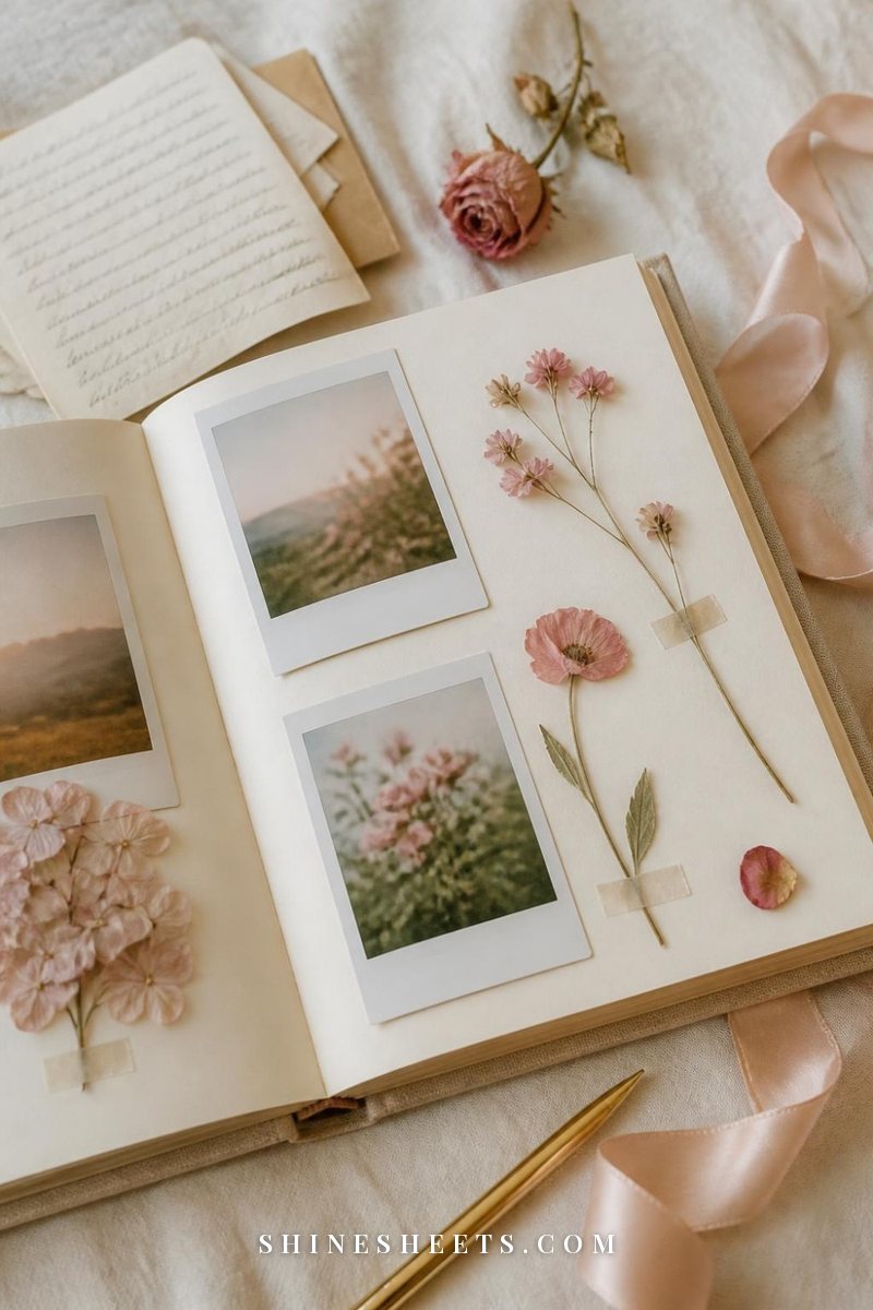Open couples memory book with instant photos, pressed flowers and handwritten letters on a cream linen tablecloth