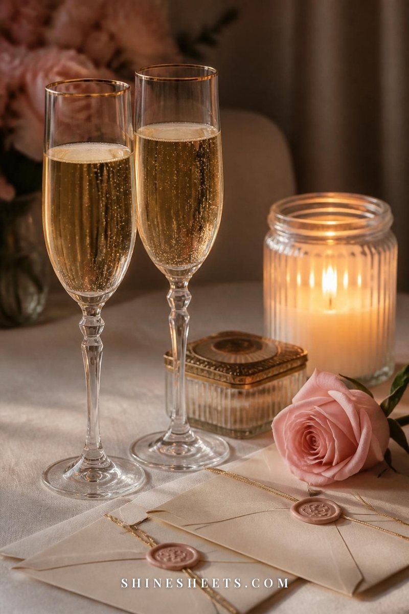 Two gold-rimmed champagne flutes, a lit glass candle and two sealed cream envelopes on a white linen table