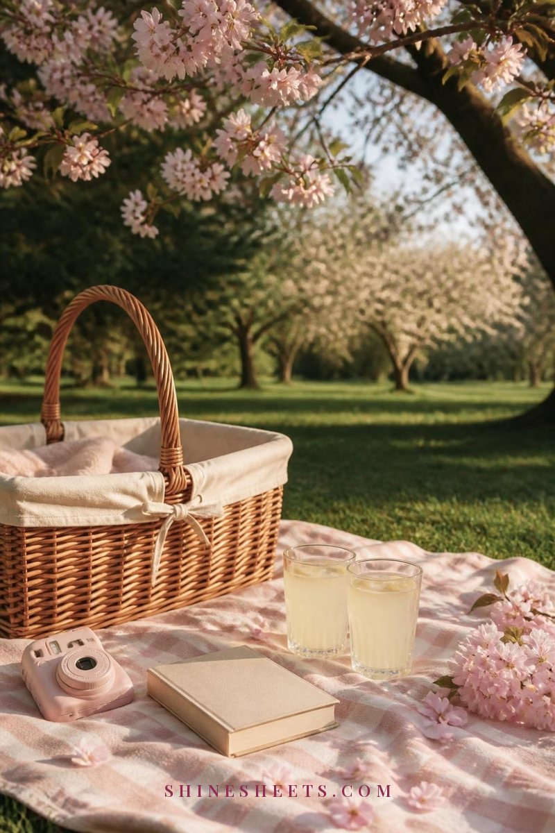Woven picnic basket on a cream blanket under a blossoming tree with two glasses and a book in soft afternoon light