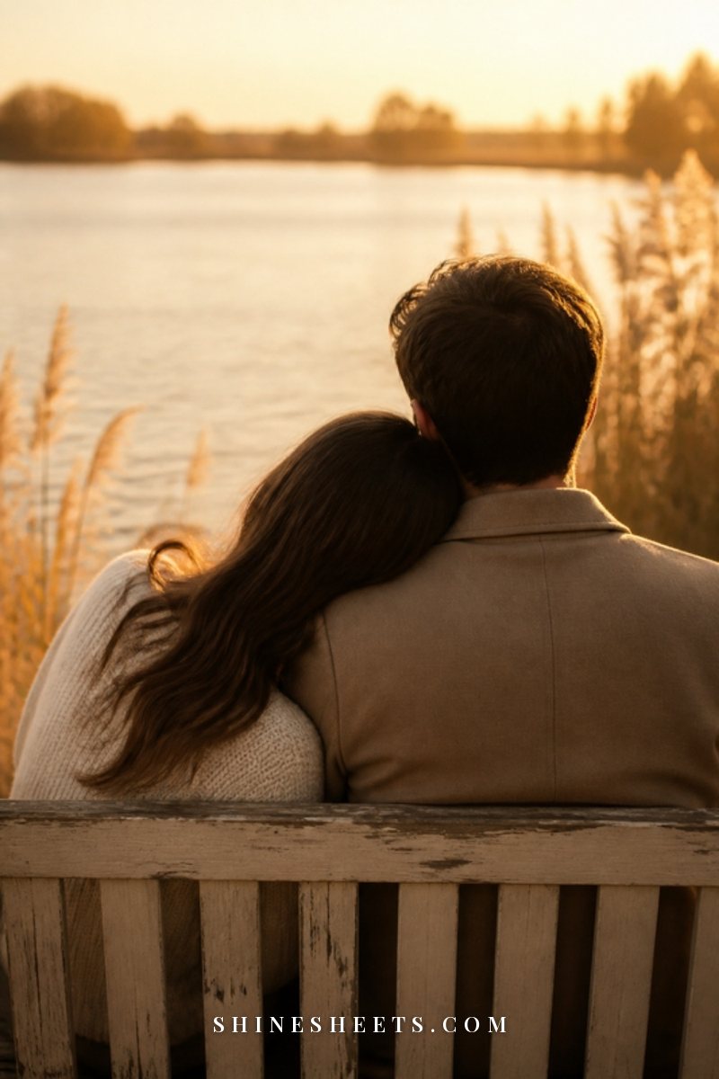 Couple seen from behind walking hand in hand along a tree-lined path in golden light