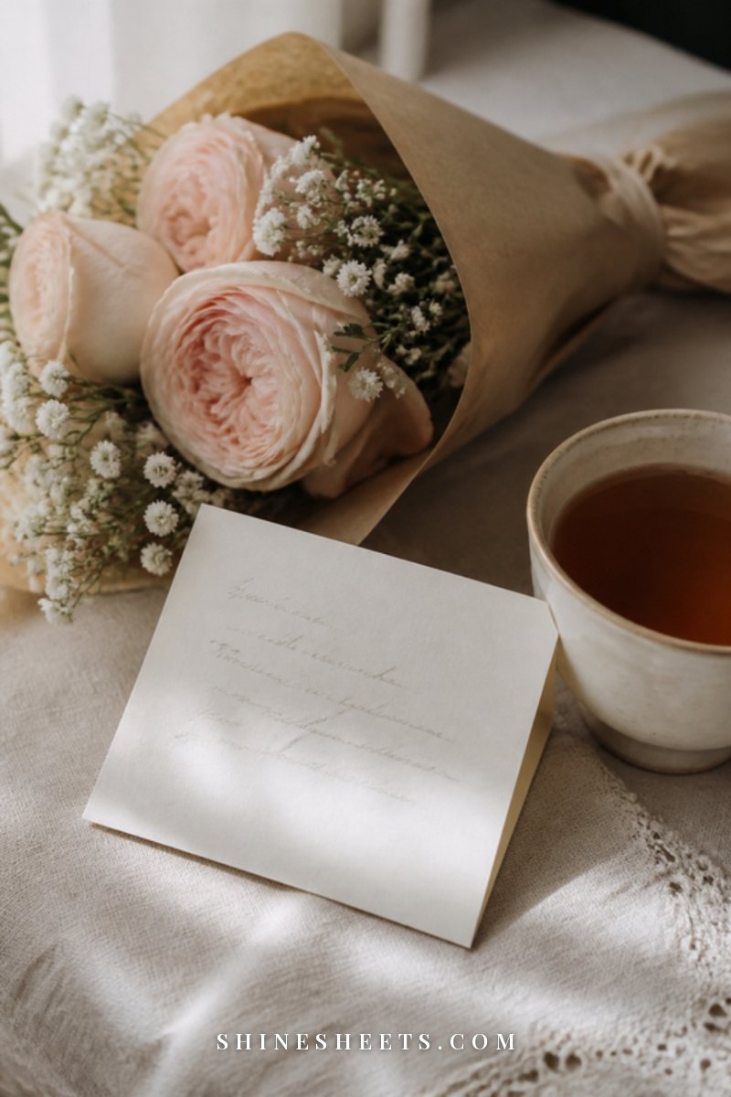 Small blank note card tucked into a bouquet of blush peonies on a cream table