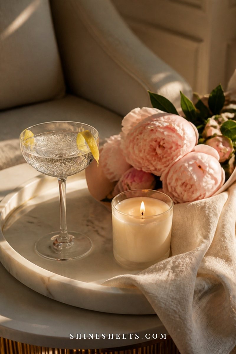 Two champagne glasses and a blank folded card beside a single blush rose on a white table