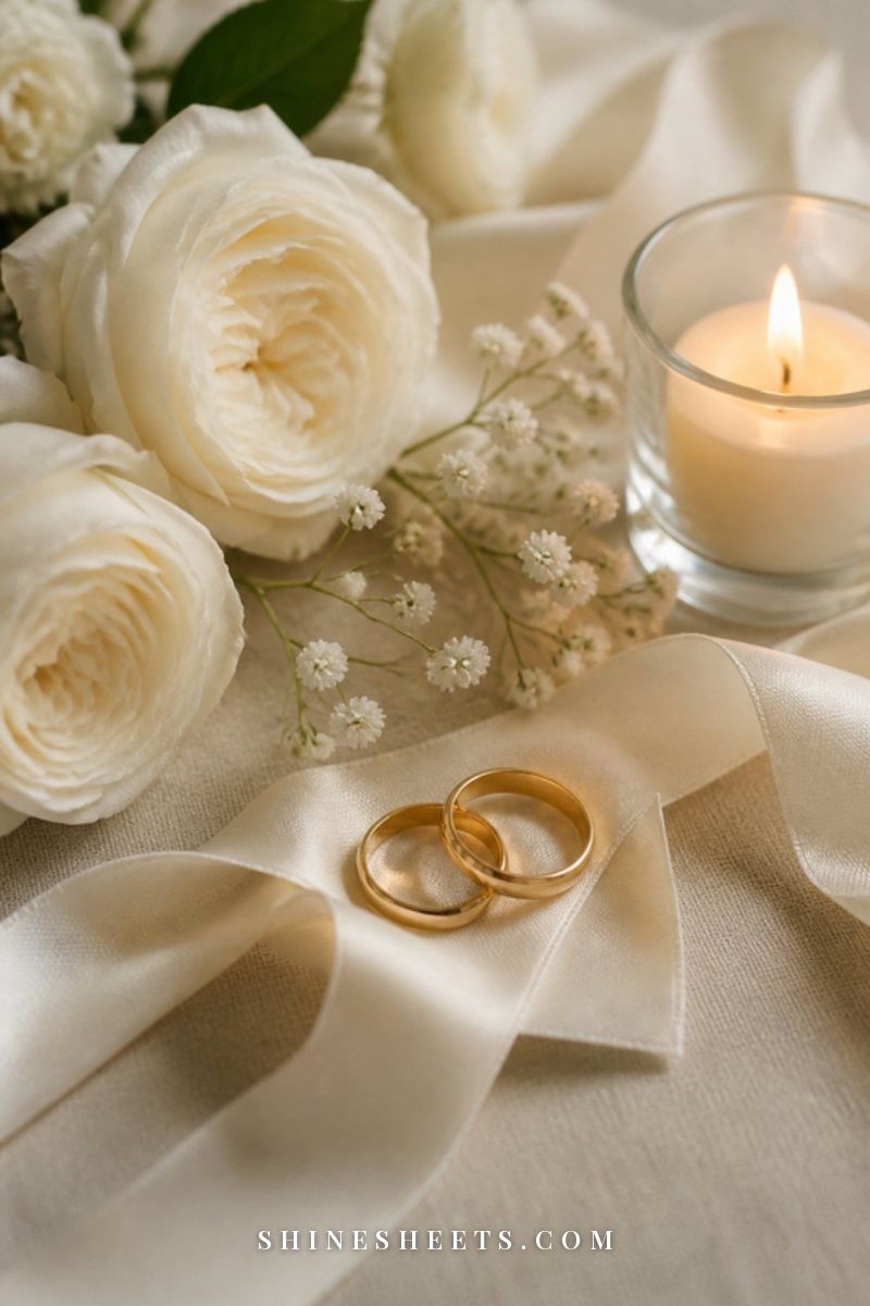 Two gold wedding rings resting on a cream ribbon beside white roses and a lit candle