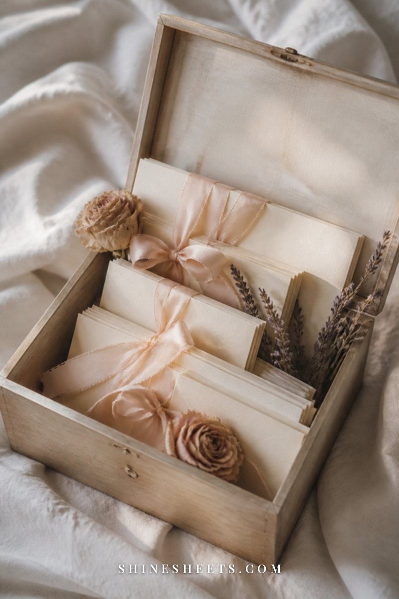 Wooden keepsake box with tied bundles of blank letters, dried flowers and a ribbon
