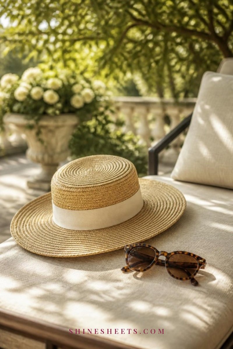 Beige wide brim straw sun hat resting on a cream linen lounge chair in dappled garden shade