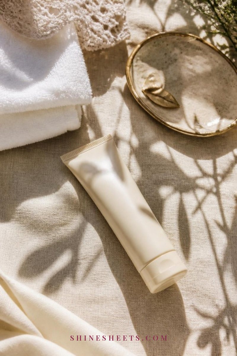 Cream sunscreen tube and a soft white towel on a sunlit beige linen surface with gold accents