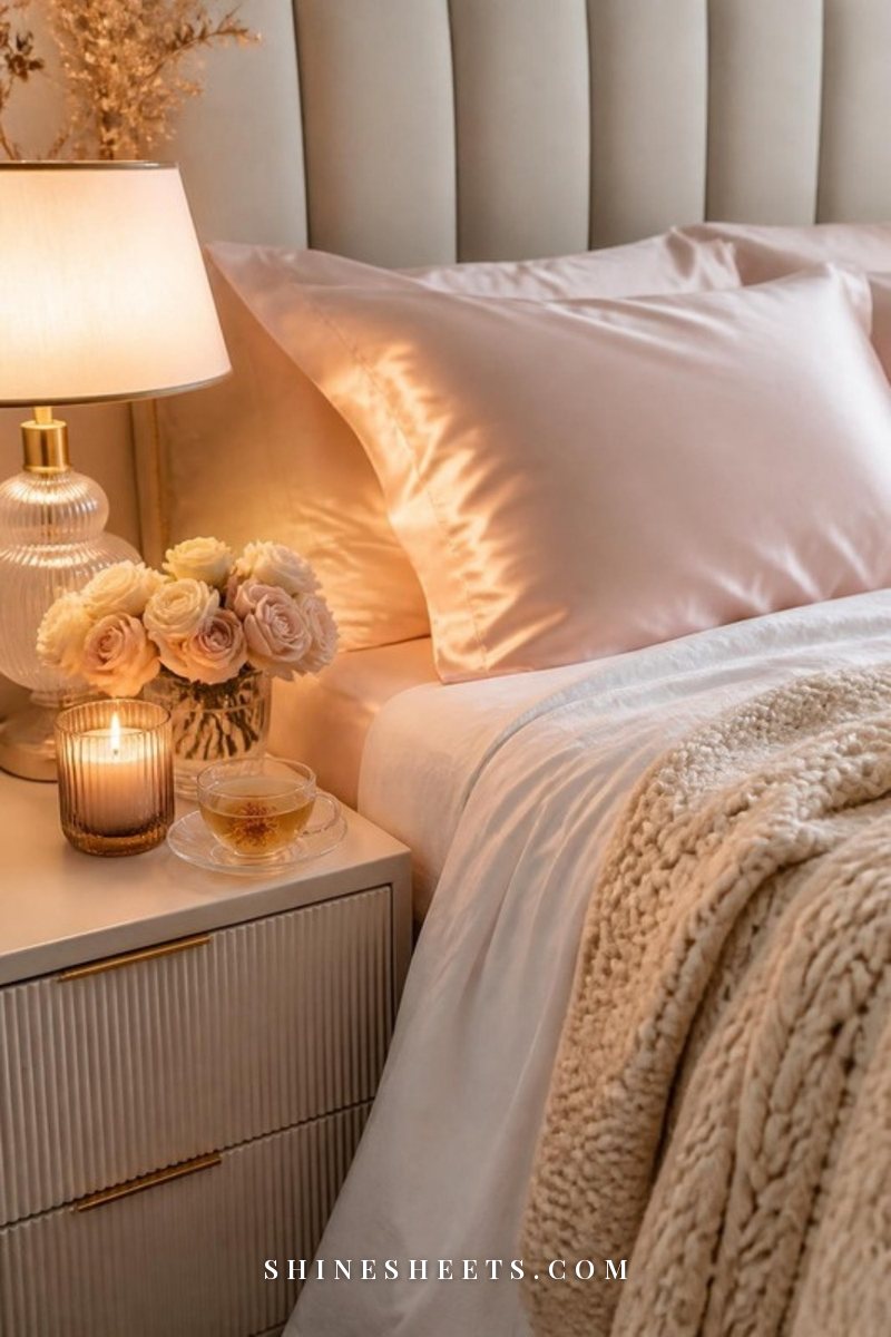 Neatly made bed with blush silk pillowcases, a cream knit throw and a glass candle on a nightstand in warm evening light
