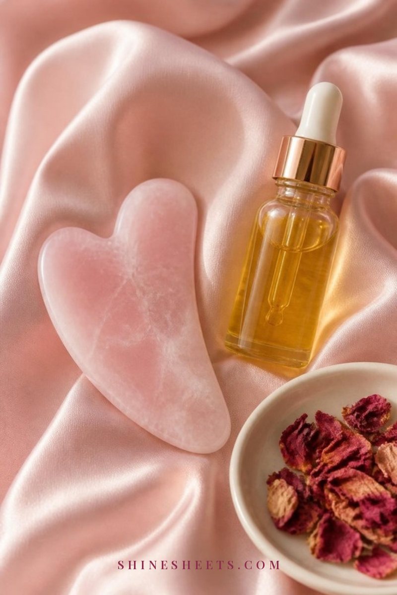 Rose quartz gua sha stone and a small glass bottle of facial oil on a blush silk cloth beside a white ceramic dish