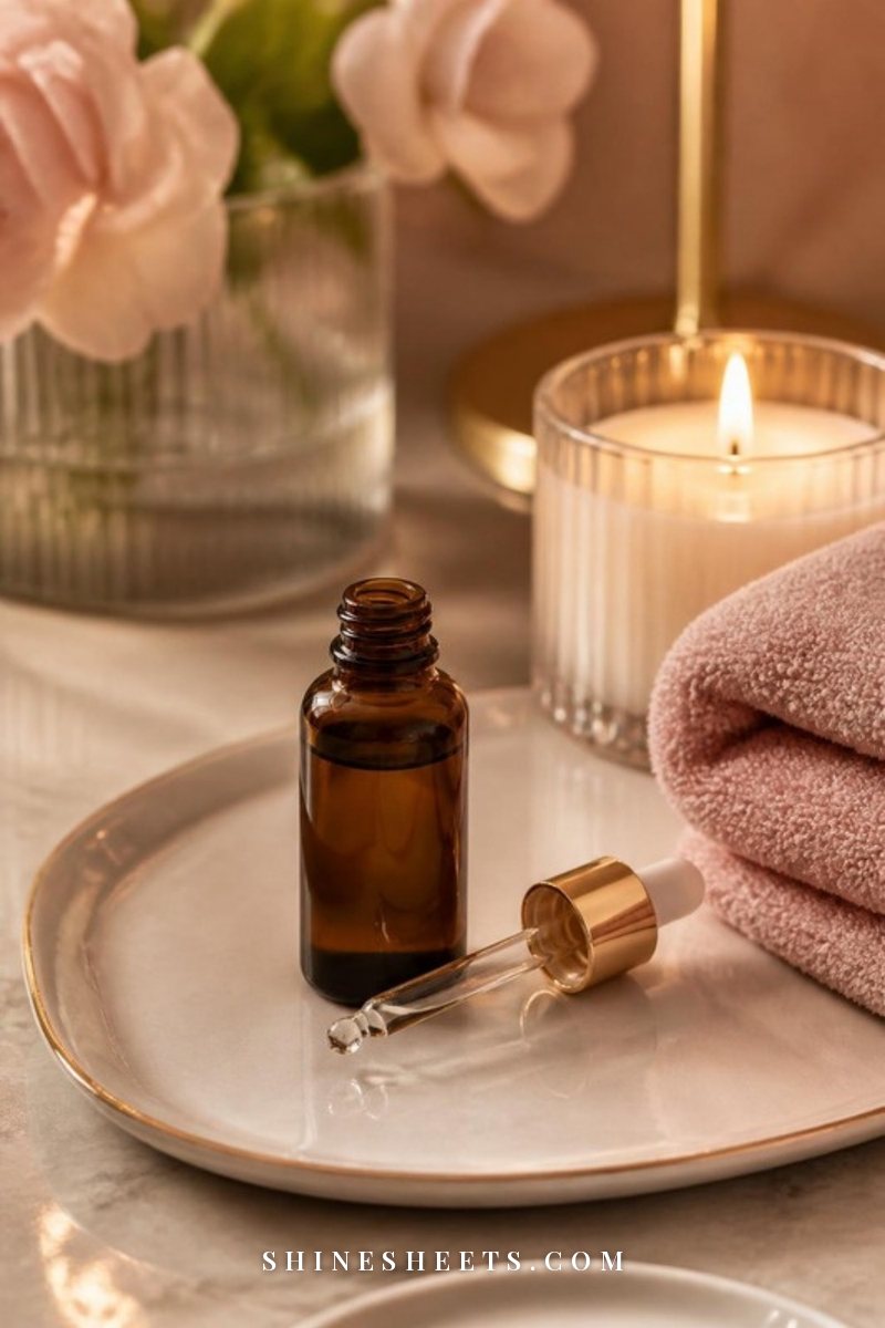 Small amber glass dropper bottle of retinol serum on a cream ceramic tray beside a folded blush towel in soft evening light