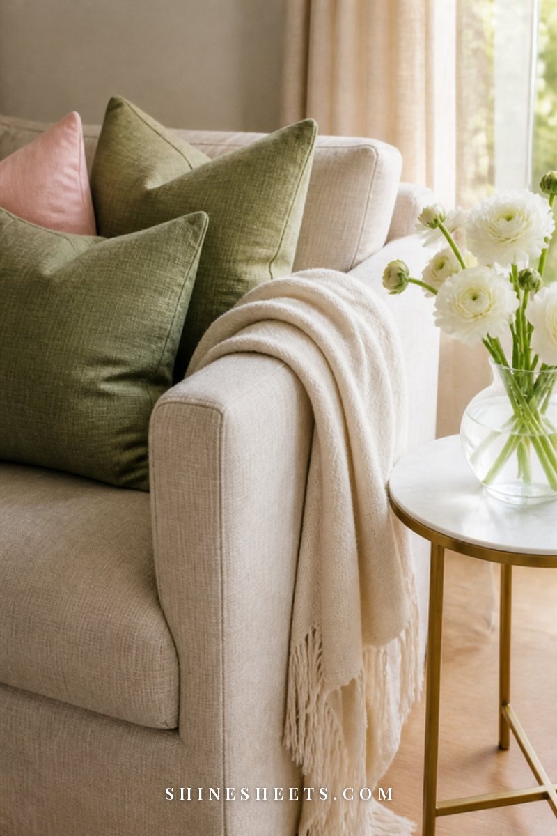 A calm sunlit reading corner with a cream armchair, a soft blanket and a vase of white flowers