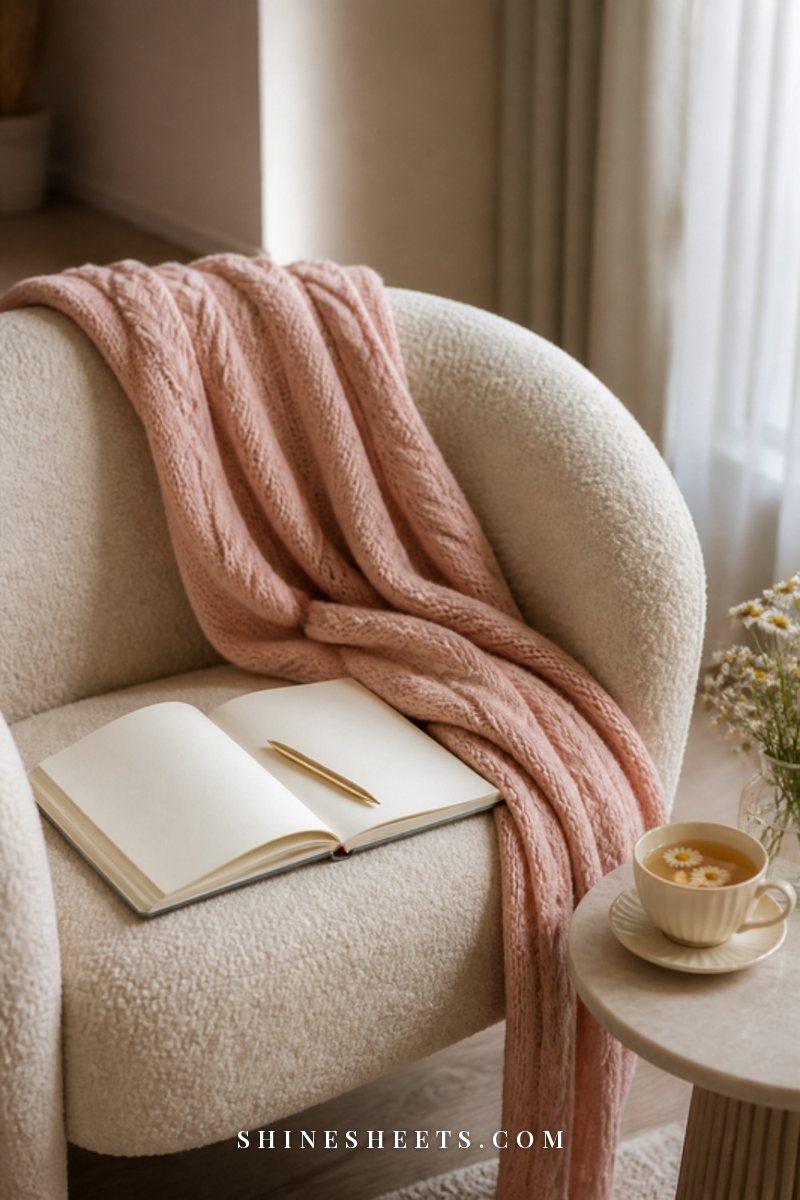 A cream knit throw, a cup of tea and a closed journal on a linen armchair by a rainy window