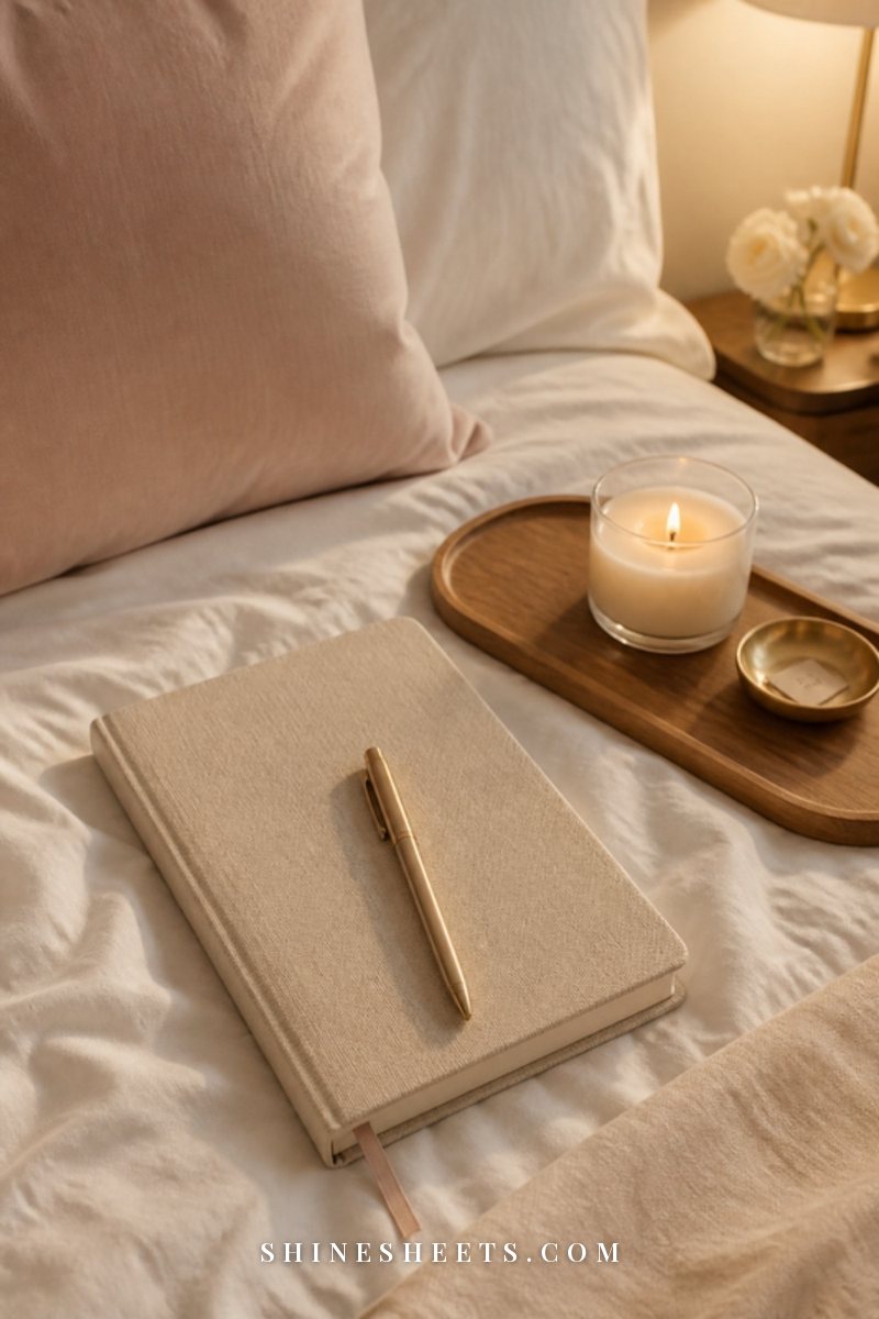 A cream notebook and a gold pen on a linen bed beside a lit glass jar candle in soft evening light