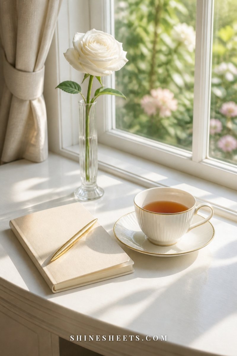 A peaceful morning scene with a cream journal, a cup of tea and a small bouquet of white roses on a windowsill