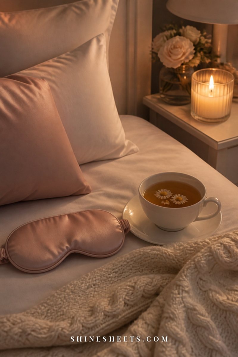 A satin sleep mask, a cup of chamomile tea and a soft cream throw on a neatly made bed at dusk