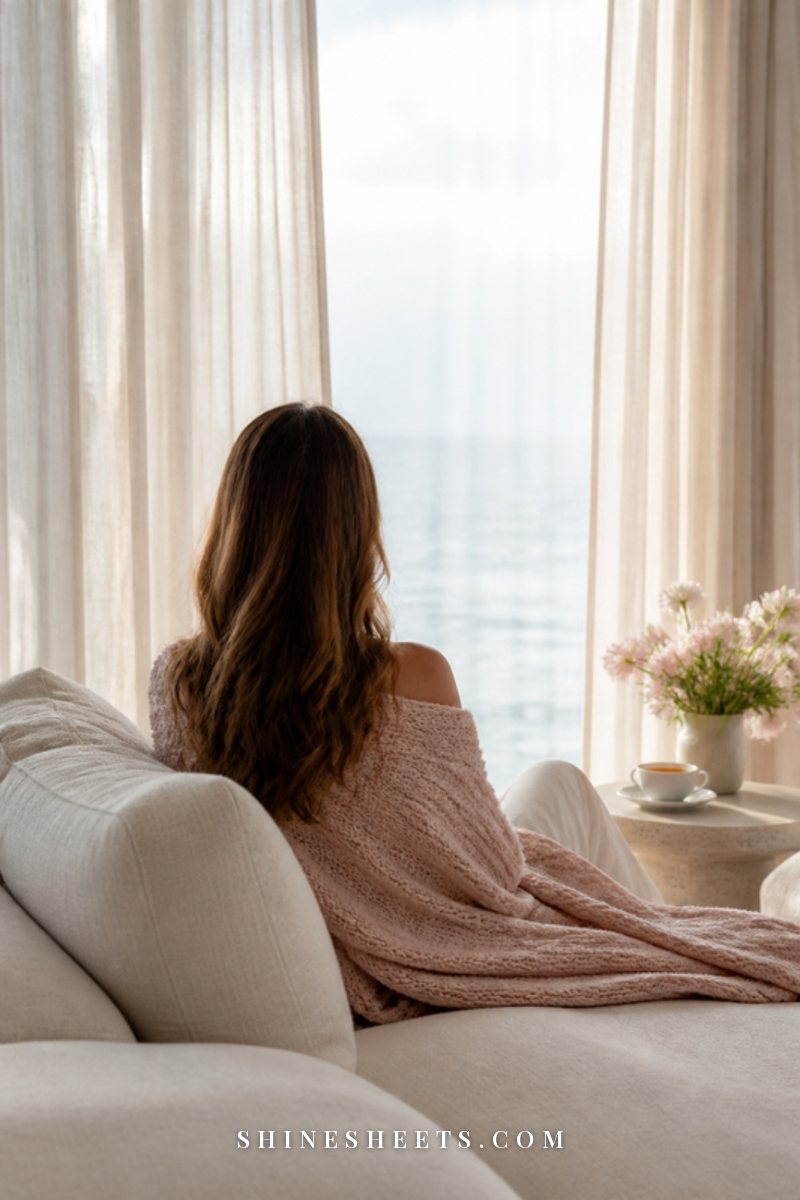 A woman seen from behind sitting calmly on a cream sofa, wrapped in a soft blush throw by a window