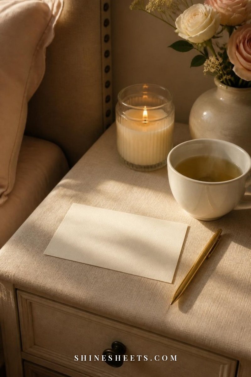 Blank cream index card, a gold pen, a glass candle and a cup of herbal tea on a linen nightstand in soft evening light