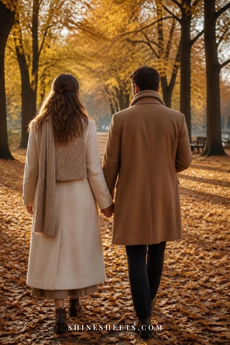 A couple seen from behind walking hand in hand along a quiet tree-lined path in warm golden autumn light