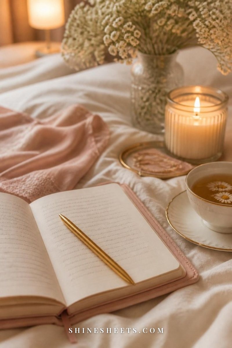 Open blush linen journal with soft illegible handwriting, a gold pen and a cup of chamomile tea on a cream bed