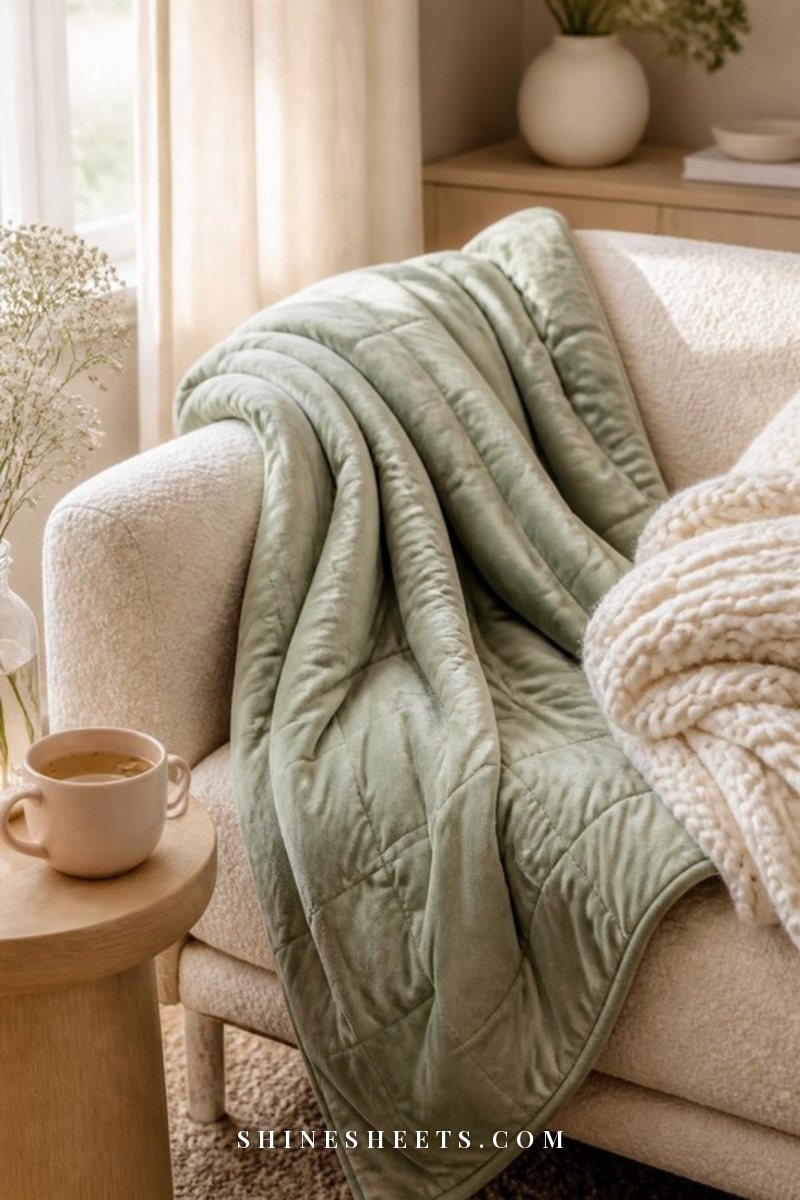 Sage green weighted blanket draped over a cream sofa with a knit throw and a cup of tea on a side table