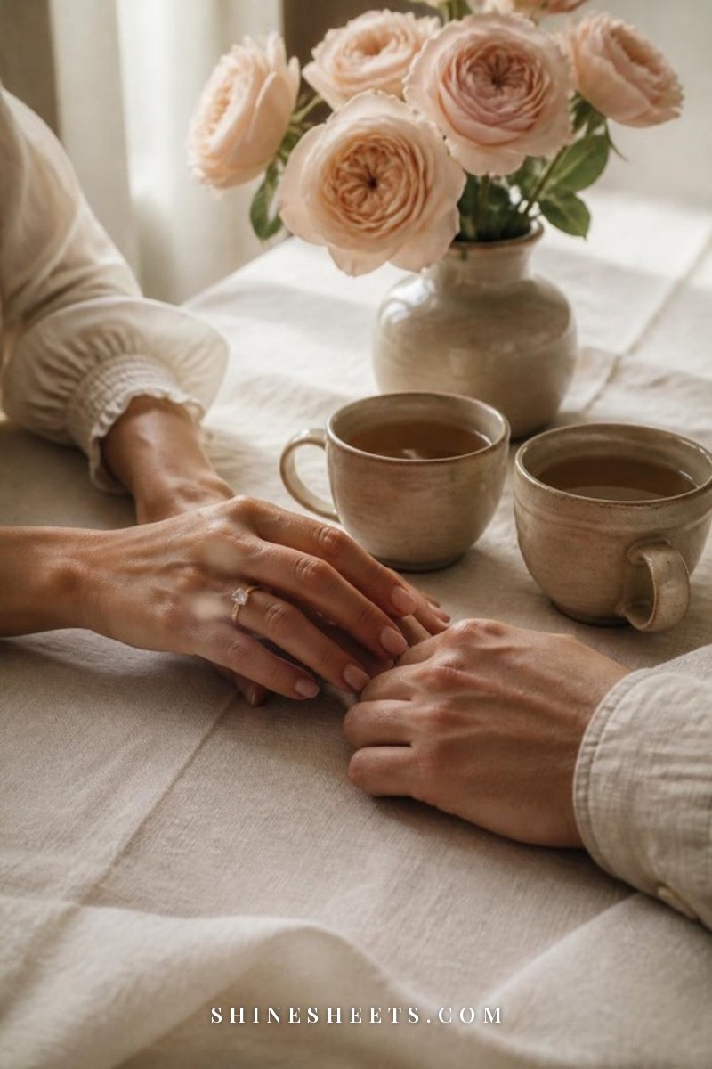 Two pairs of hands near each other on a linen tablecloth beside two ceramic mugs of tea in soft window light
